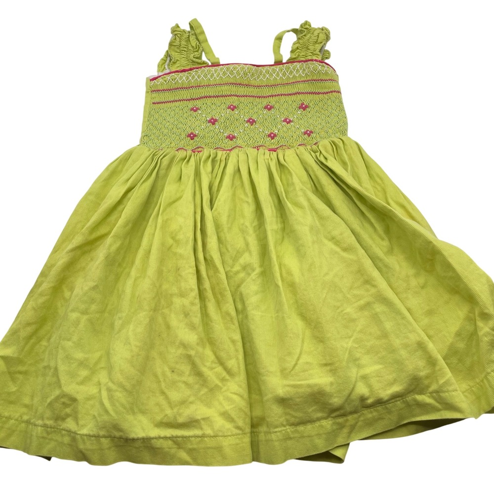 READ Vintage Smocked Dress Lime Green Floral Ruffle Lined Girls 4Y Cottagecore